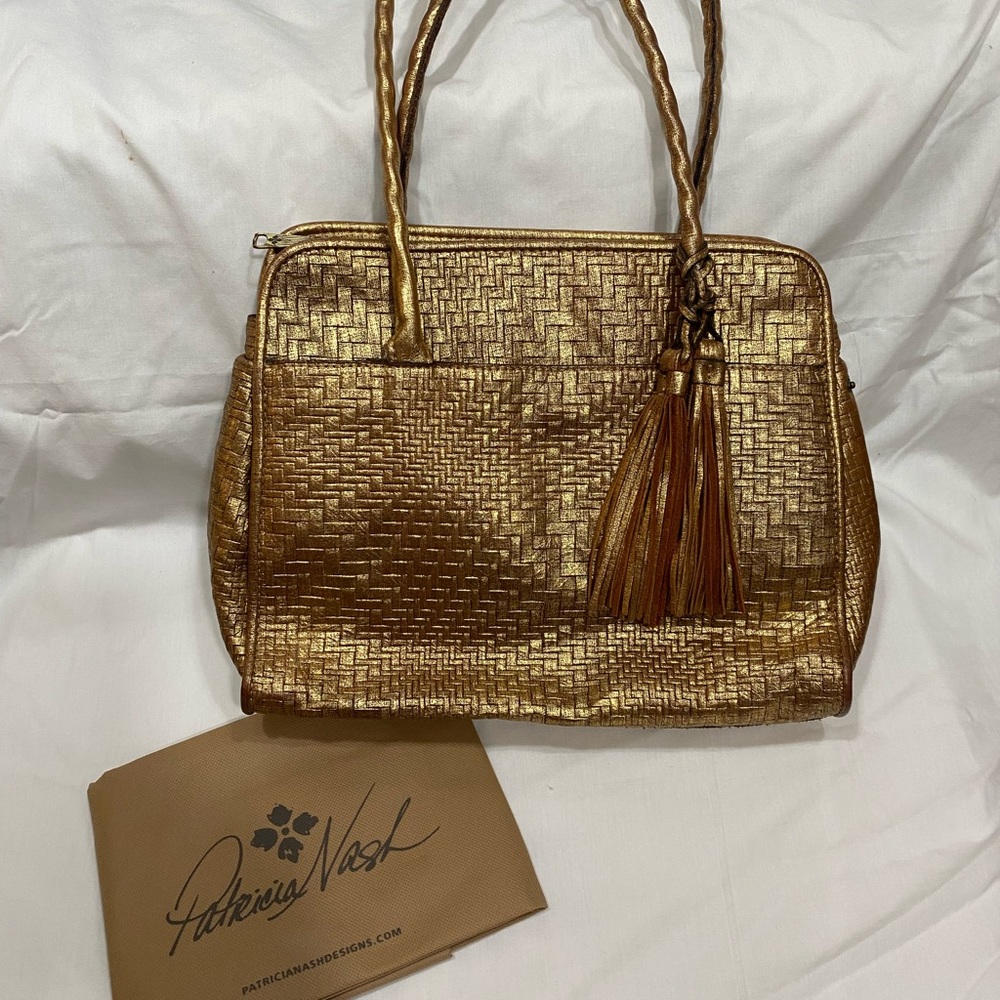 Patricia Nash Bronze metallic woven leather tote